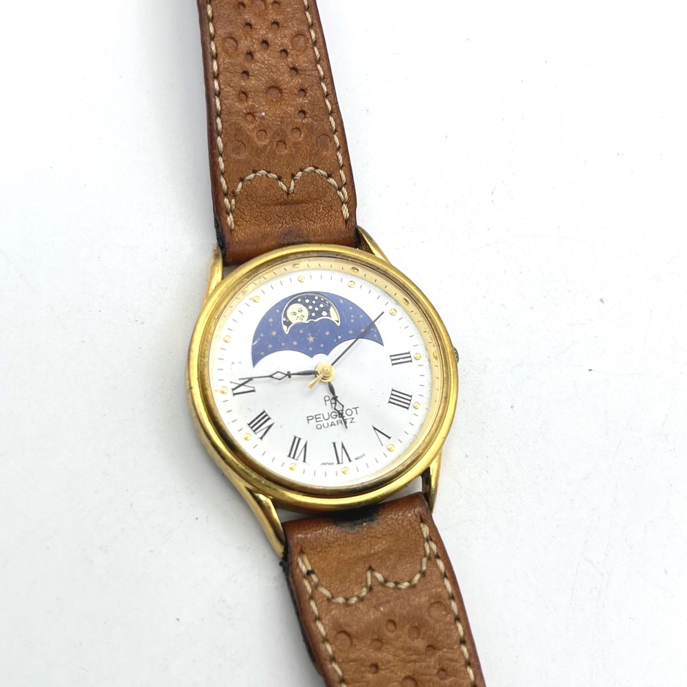Peugeot Quartz Moonphase Watch Gold Tone Roman Numeral White Dial Brown Leather